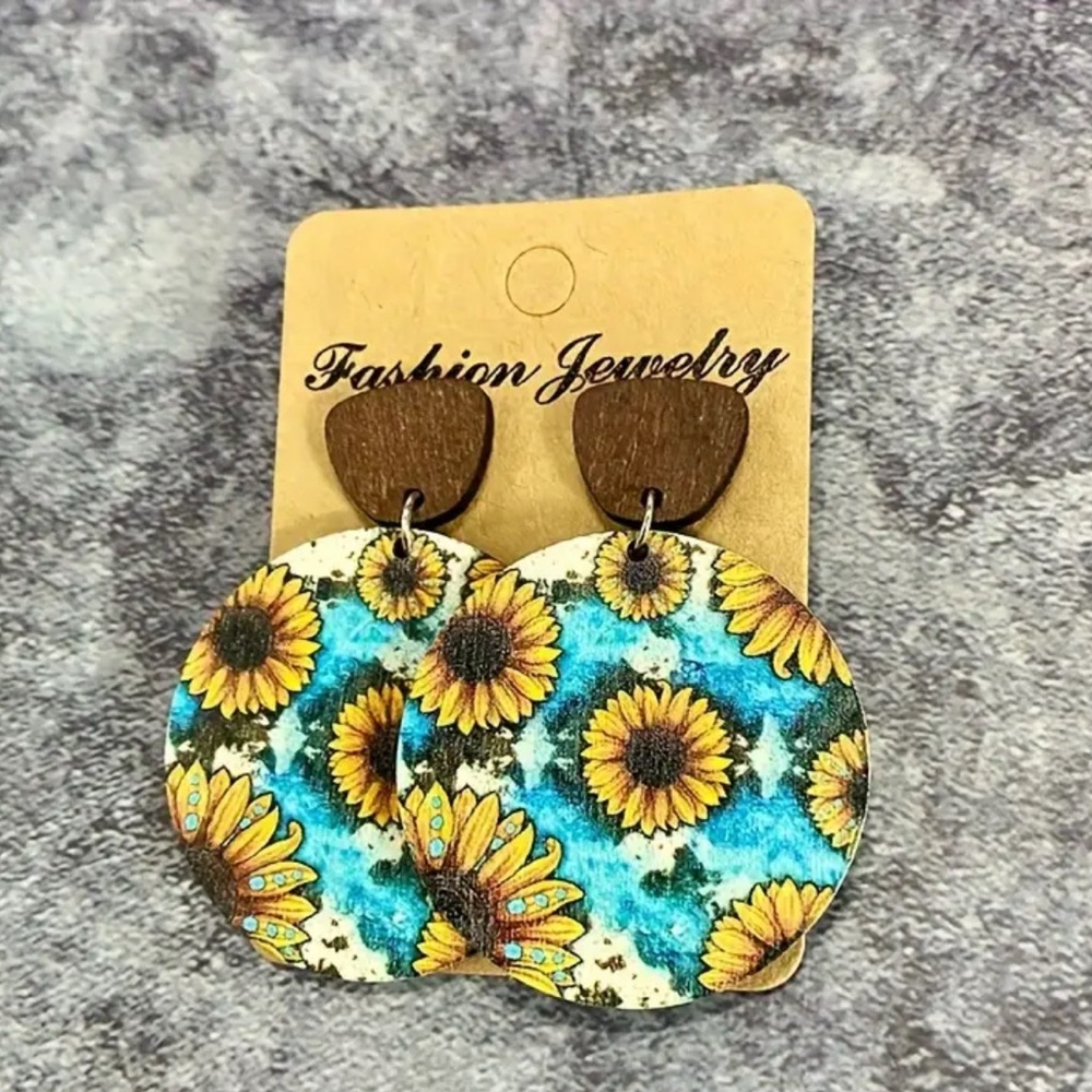 Blue and Yellow Sunflower Drop WOOD Earrings